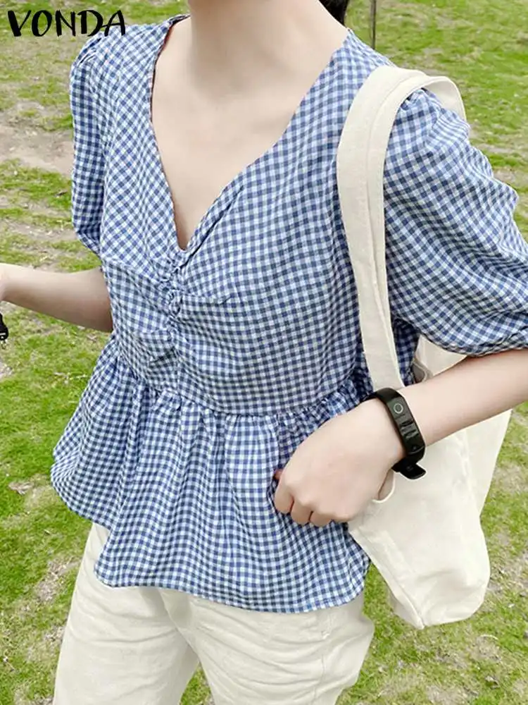 2023 Fashion Tops VONDA Elegant Plaid Shirts Women Summer Blouses Sexy V-Neck Short Sleeve Bohemian Printed Casual Loose Blusas
2023 Fashion Tops VONDA Elegant Plaid Shirts Women Summer Blouses Sexy V-Neck Short Sleeve Bohemian Printed Casual Loose Blusas