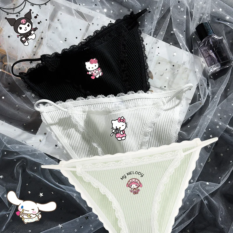 

Kawaii Hello Kitty Kuromi My Melody Cinnamoroll Panties Cartoon Sanrios Anime Cotton Low-Waisted Seamless Lace Strappy Briefs