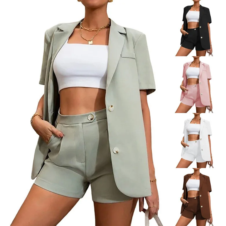2022 Summer new temperament suit suit solid color suit jacket high-waisted shorts two-piece women's wear
2022 Summer new temperament suit suit solid color suit jacket high-waisted shorts two-piece women's wear