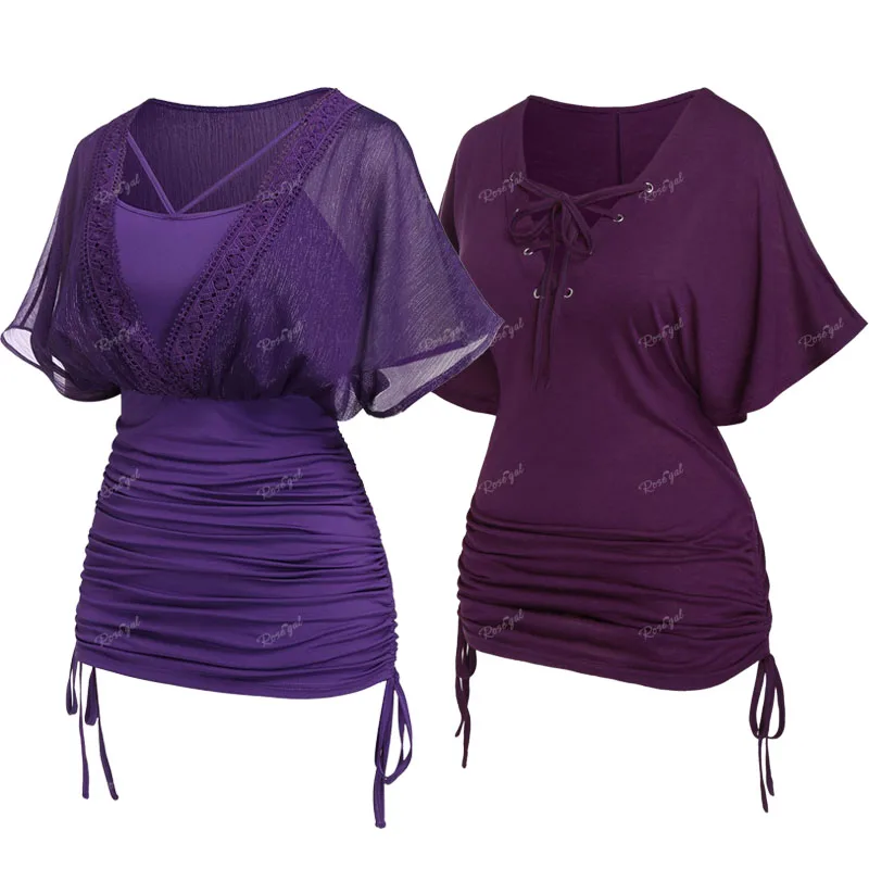 

ROSEGAL Plus Size Cinched Ruched Batwing Sleeves T-shirts Women's Tops Fashion Purple Guipure Lace Twofer Tees