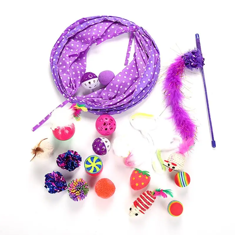

17 Pc/Set Kitten Toys Fun Feather Teaser Wand Catnip Toy Colorful Crinkle Balls Bell Fluffy Mouse Tunnel Pet Cat Interactive Toy