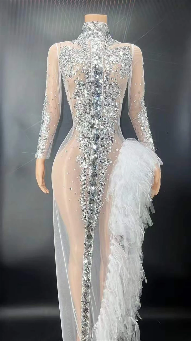 Блестящее женское платье серебристый прозрачный наряд Drag Queen украшенный