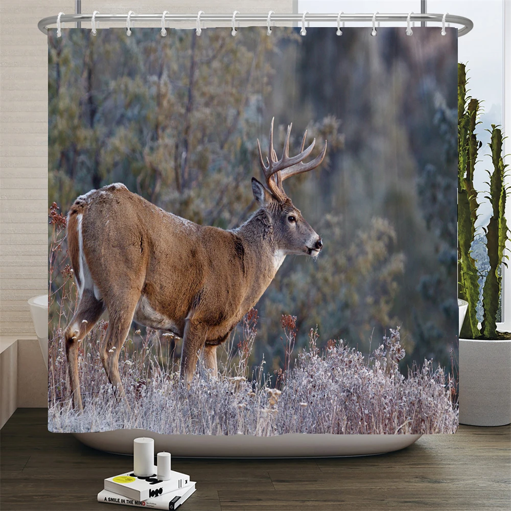 

Forest Deer Shower Curtains 3D Elk Animals Printing Bath Curtains Bathroom Decoration Waterproof Bathtub Screen with Hooks