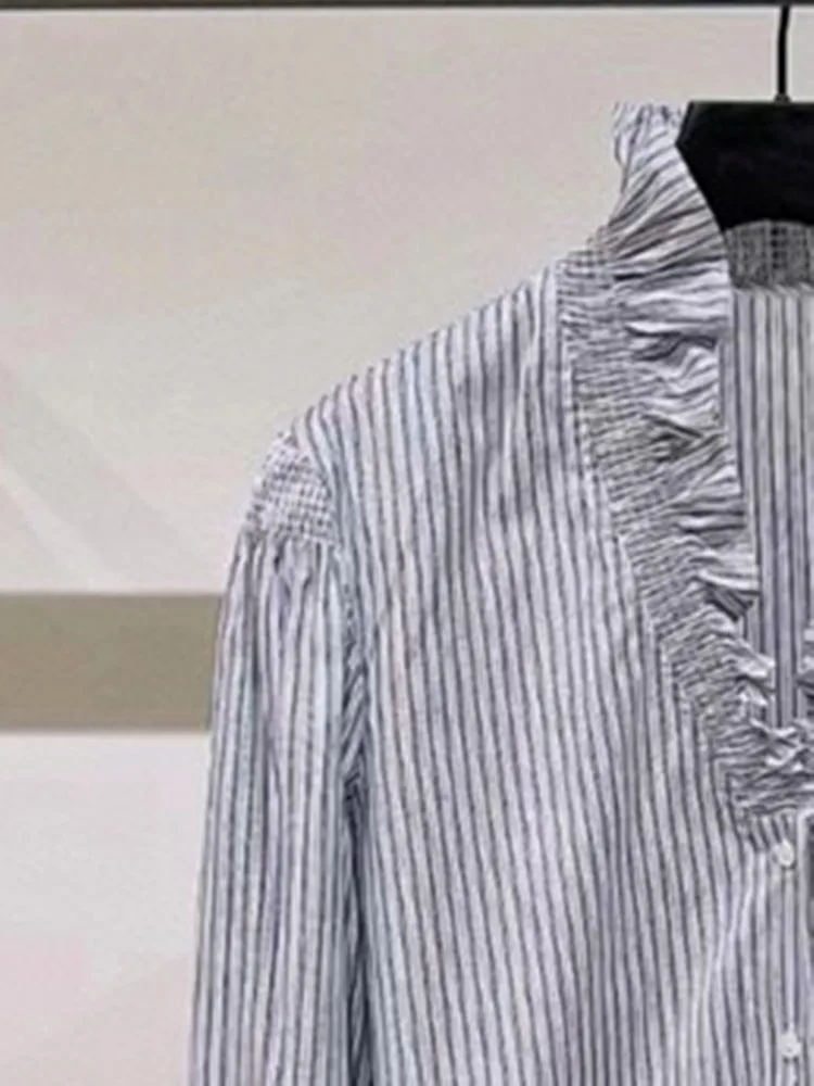 Women Blouse Ruffles Trim Long Sleeve V-Neck or Fashion Striped Puff Sleeve Cotton Shirt
Women Blouse Ruffles Trim Long Sleeve V-Neck or Fashion Striped Puff Sleeve Cotton Shirt