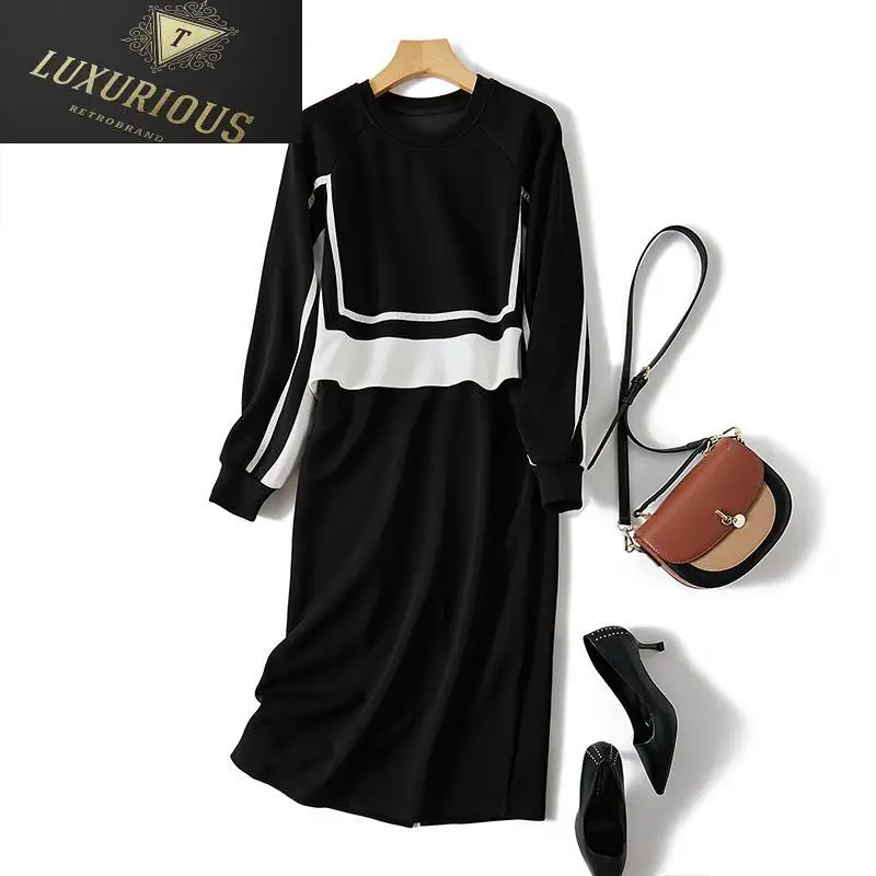 Elegant Dresses For Women European O Neck Long Sleeve 2024 Autumn Winter Contrast Color Bottoming Fake Two Piece Black Dress 4XL 
Elegant Dresses For Women European O Neck Long Sleeve 2024 Autumn Winter Contrast Color Bottoming Fake Two Piece Black Dress 4XL