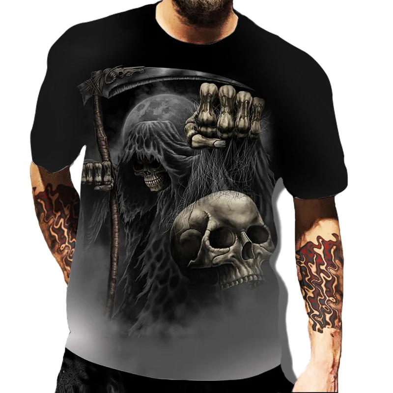 

2023 Summer New Skull Print T-shirts, Men's Casual Extra Large Short Sleeve Street Hip Hop 3D Print T-shirts, Large O-Neck Shirt