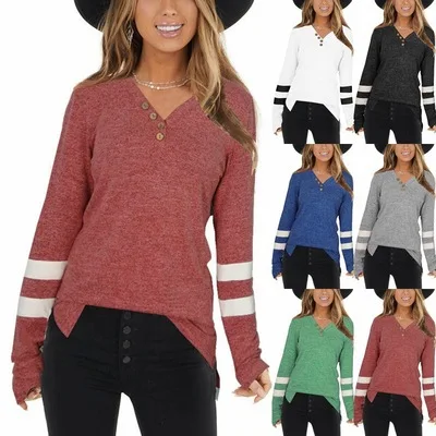 

Ladies V-neck Stitching Parallel Bars Casual Long-sleeved Sweater Pullover Button