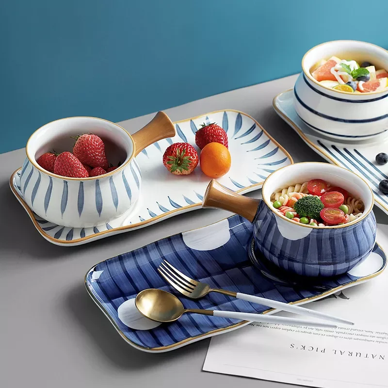 

Japanese Breakfast Ceramic Tableware Household Serving Dishes Desserts Bowls with Handles Bone China Dinnerware Dinner Table Set