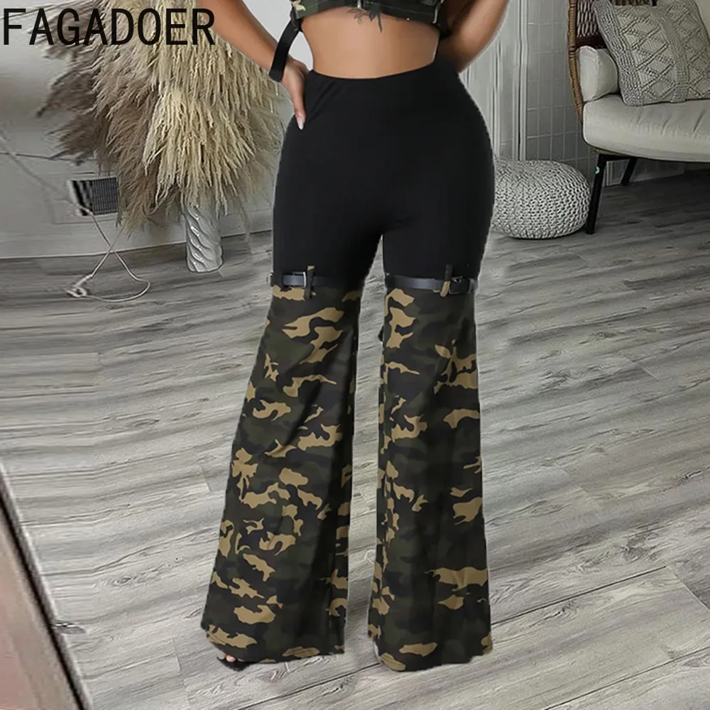 

FAGADOER Fashion Camouflage Patchwork Flared Pants Women High Elastic Waist Skinny Trousers Casual Matching Bottoms Streetwear