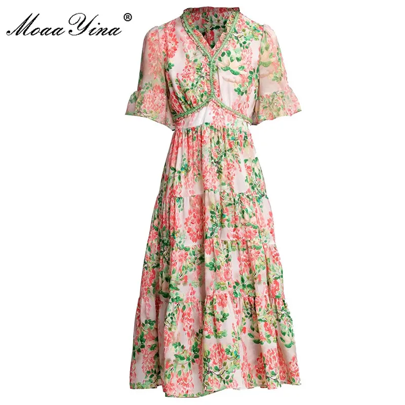 MoaaYina Designer Summer Fashion Vacation Dress Women's V Neck Beading Short sleeve Floral print Pink Party Elegant Dresses
MoaaYina Designer Summer Fashion Vacation Dress Women's V Neck Beading Short sleeve Floral print Pink Party Elegant Dresses