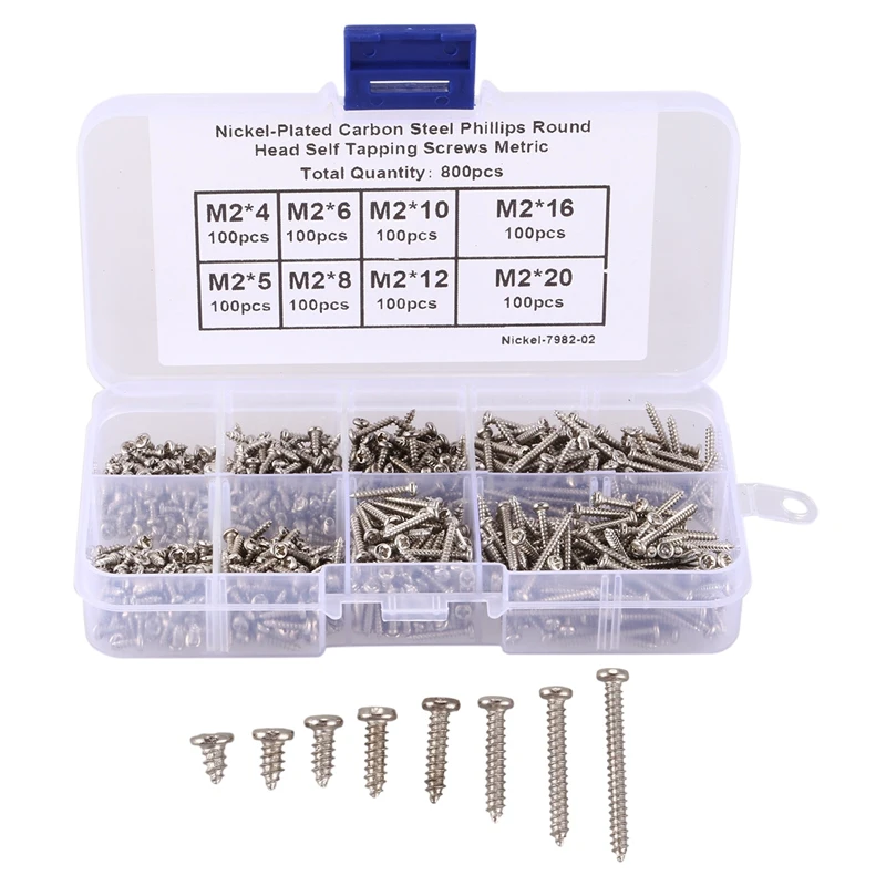 800Pcs/Set M2 Screw Carbon Steel Cross Drive Pan Head Self Tapping Screws Assorted Fastener M2X4/5/6/8/10/12/16Mm/20Mm
800Pcs/Set M2 Screw Carbon Steel Cross Drive Pan Head Self Tapping Screws Assorted Fastener M2X4/5/6/8/10/12/16Mm/20Mm