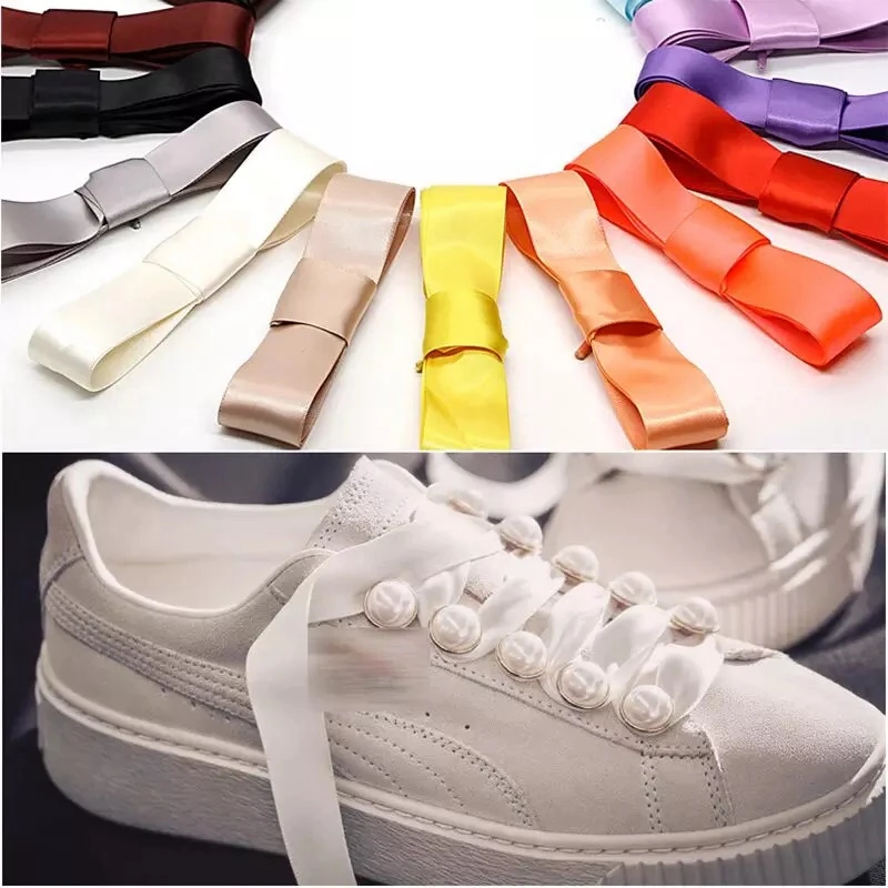 

1Pair Satin Silk Ribbon Shoelaces White Sneaker shoes lace Canvas shoe laces 2cm Width 80cm/100cm/120cm Length Shoelace