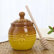Honey Holder Jar Lidded Honey Pot with Stirring Rod Ceramic Storage Honey Canister Kitchen Jar