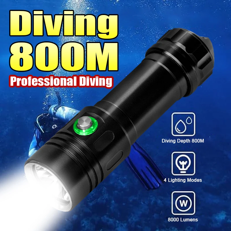 

Super Bright Professional Diving Flashlight XHP50.2 Rechargeable 18650 Underwater Diving Flashlights IPX8 Scuba Dive Torch Light