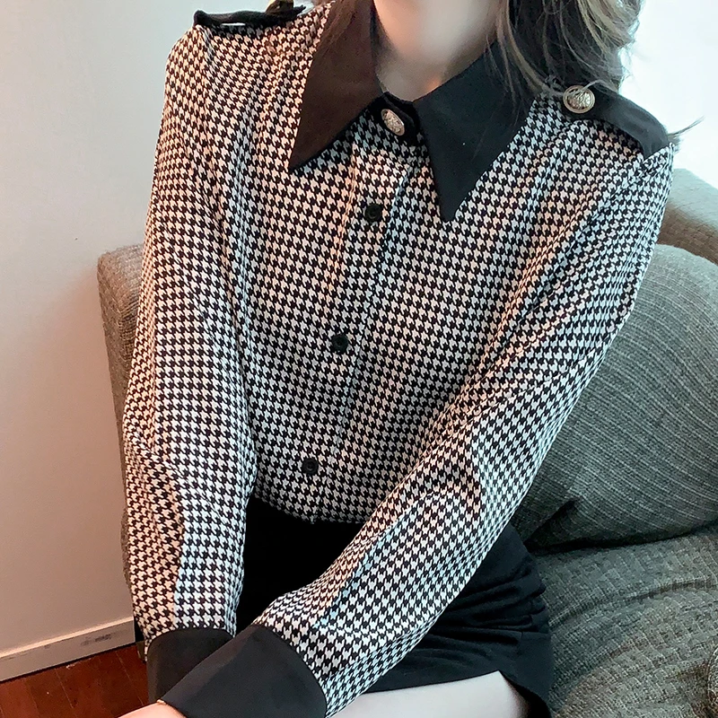 Женская рубашка в клетку, с длинным рукавом, в стиле «гусиные лапки» 
Женская рубашка в клетку, с длинным рукавом, в стиле «гусиные лапки»