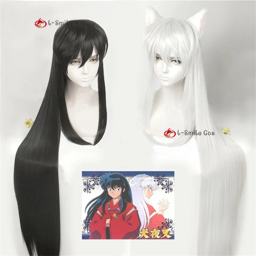 

Парик для косплея Inuyasha длинный, черный, серебристый, белый, 39 дюймов, 100 см, термостойкий, с ушками, парик для косплея + шапочка для парика