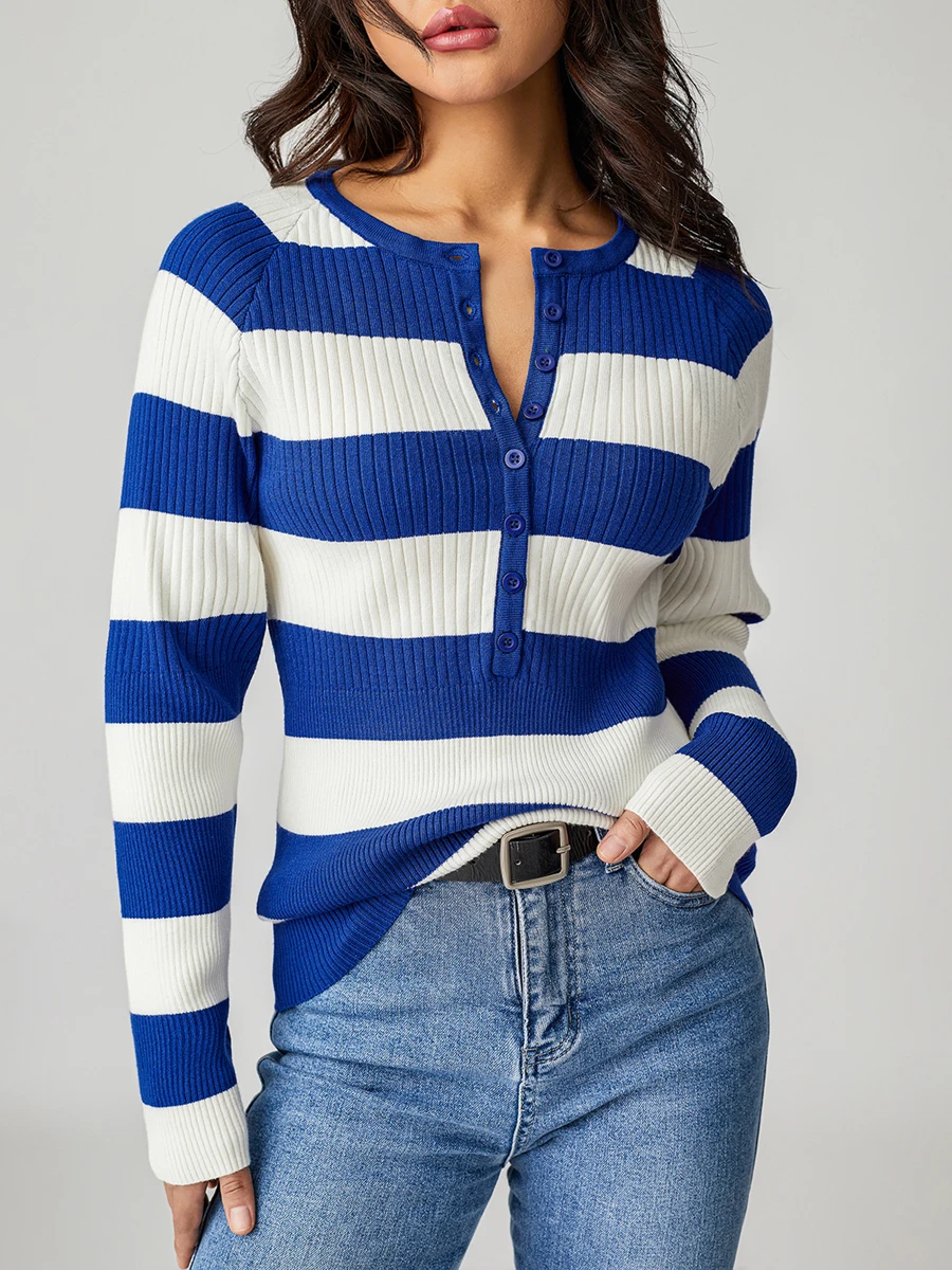 Women Long Sleeve Knit Tops Casual Stripes Contrast Color 1/2 Button Pullover Slim Sweater for Club Streetwear
Women Long Sleeve Knit Tops Casual Stripes Contrast Color 1/2 Button Pullover Slim Sweater for Club Streetwear