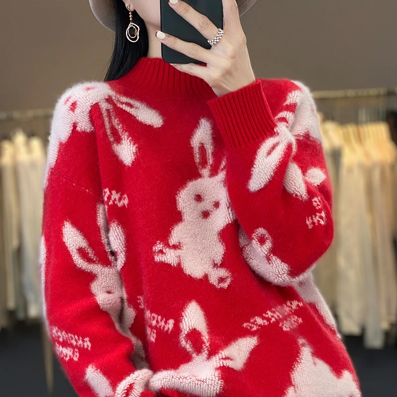 Half Height Collar Long Sleeve Pullovers Lovel Cartoon New Year Rabbit Wool Knitted Sweaters In Winter Fashion Casual Top Female
Half Height Collar Long Sleeve Pullovers Lovel Cartoon New Year Rabbit Wool Knitted Sweaters In Winter Fashion Casual Top Female