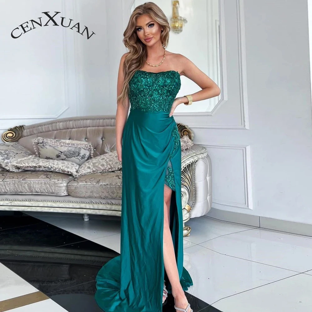CENXUAN Modern Split Prom Evening Dresses Strapless Lace Appliques Pleat Sequined Backless Vestido De Noite Made To Order
CENXUAN Modern Split Prom Evening Dresses Strapless Lace Appliques Pleat Sequined Backless Vestido De Noite Made To Order