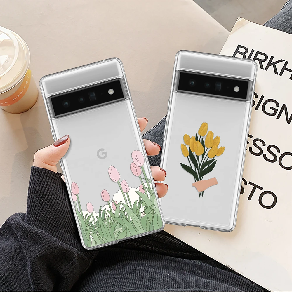 

Case for Google Pixel 7a 7Pro 6a 6 6Pro Transparent Soft TPU Cover for Google 5 5a 5G 4XL 4 2 3 3a XL 4a 7 Tulip Floral Fundas