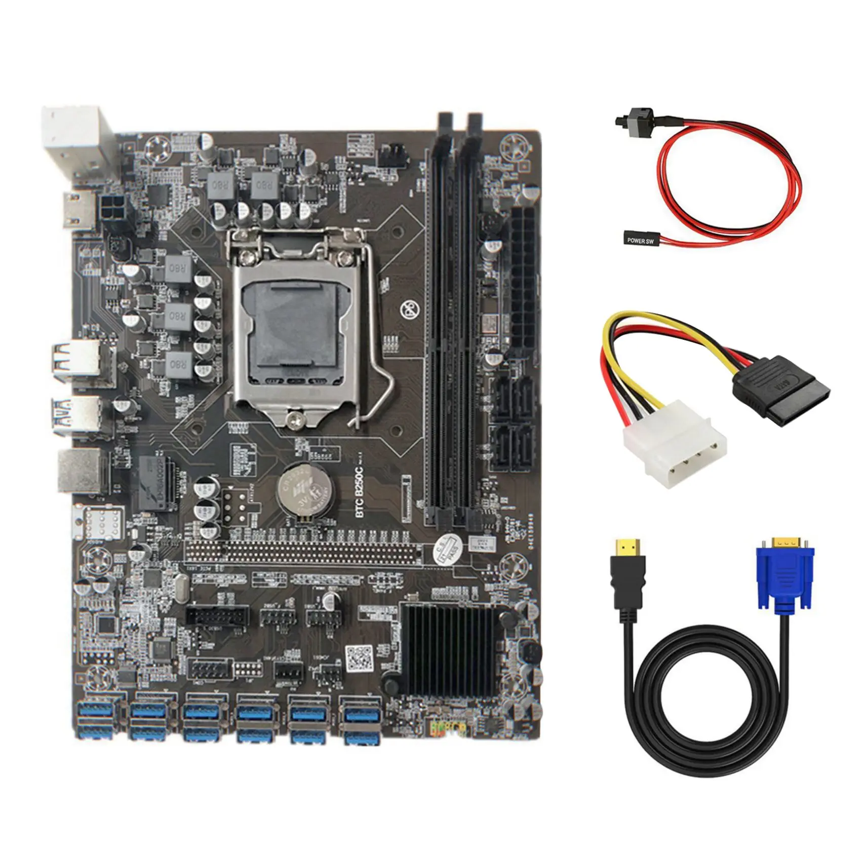 B250C Mining Motherboard with 4PIN IDE To SATA Cable+HD to VGA Cable+Switch Cable 12 PCIE to USB3.0 GPU Slot LGA1151
B250C Mining Motherboard with 4PIN IDE To SATA Cable+HD to VGA Cable+Switch Cable 12 PCIE to USB3.0 GPU Slot LGA1151
