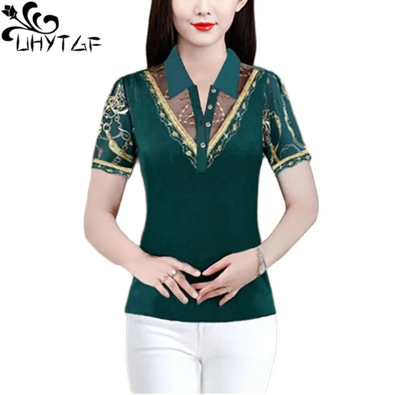 UHYTGF 5XL Oversized T-Shirt Womens Fashion Printed Gauze Lace Thin Summer Top Female Stitching Lapel Short Bottoming Shirt 2024
UHYTGF 5XL Oversized T-Shirt Womens Fashion Printed Gauze Lace Thin Summer Top Female Stitching Lapel Short Bottoming Shirt 2024