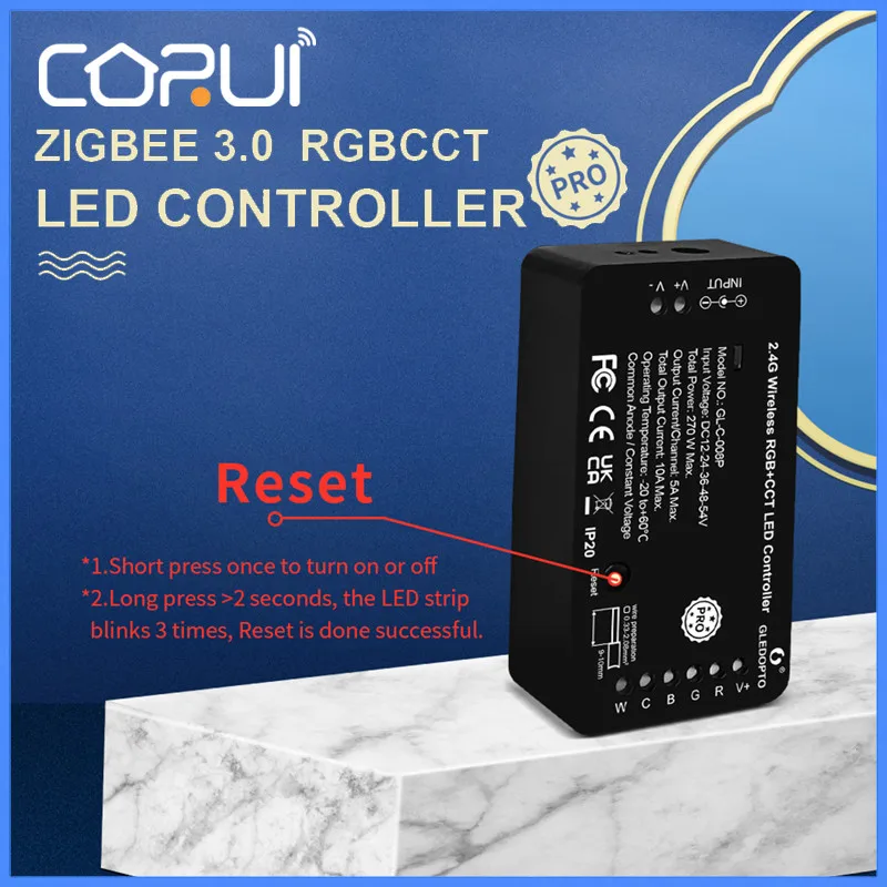 

CoRui Zigbee 3.0 Reset Button Smart LED Strip Controller RGBCCT Pro Work with Tuya SmartThings App Alexa RF Remote Control