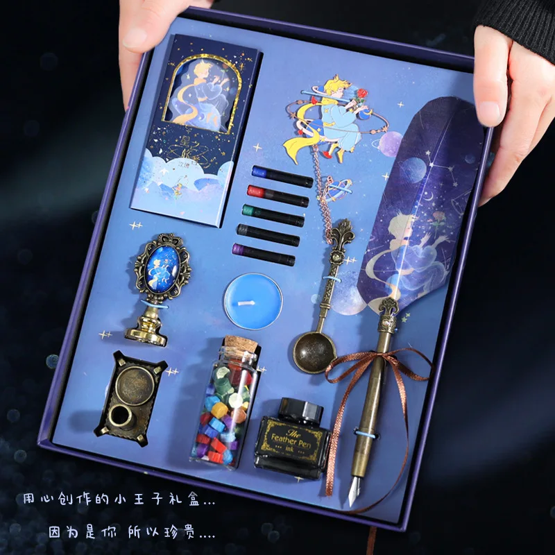 Creative little prince series dip pen set memo bookmark creative gift box retro writing ink feather pen set
Creative little prince series dip pen set memo bookmark creative gift box retro writing ink feather pen set