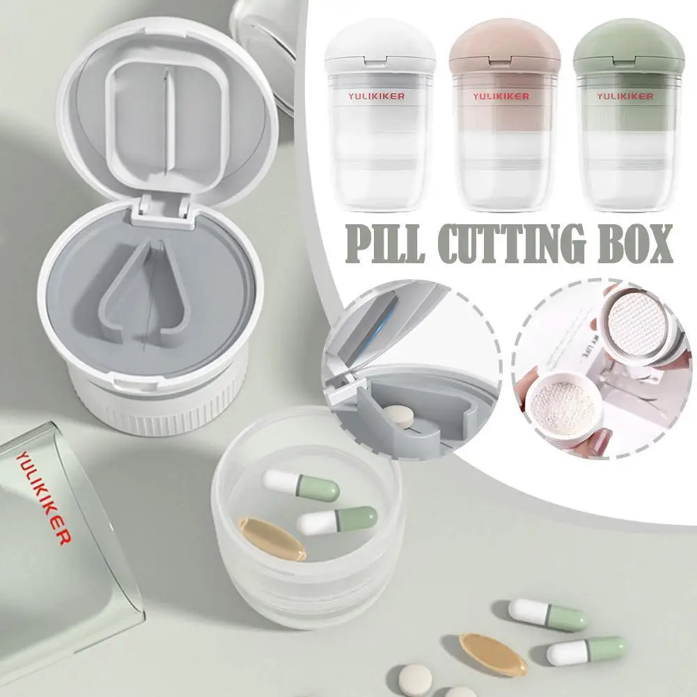 

4 In 1 Mini Pill Box With Water Cup Multifunctional Pill Cutting Grinding Powder Compartment Sealed Storage Small Medicine Box