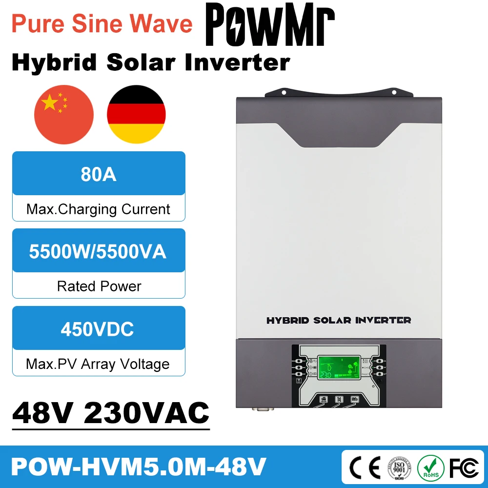 PowMr 5000 Вт Инвертор для солнечной батареи 5 ква 230 В постоянного тока PV 80 А MPPT инвертор в 48 В Гибридный инвертор с чистой синусоидой зарядное ус...
PowMr 5000 Вт Инвертор для солнечной батареи 5 ква 230 В постоянного тока PV 80 А MPPT инвертор в 48 В Гибридный инвертор с чистой синусоидой зарядное ус...