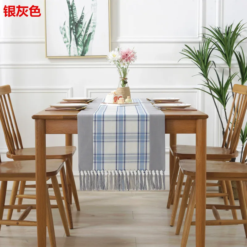 

Classical New Chinese Style Dark Blue Grid Cotton and Linen Table Runner High Quality Tassels Dining Table TV Cabinet Table Flag