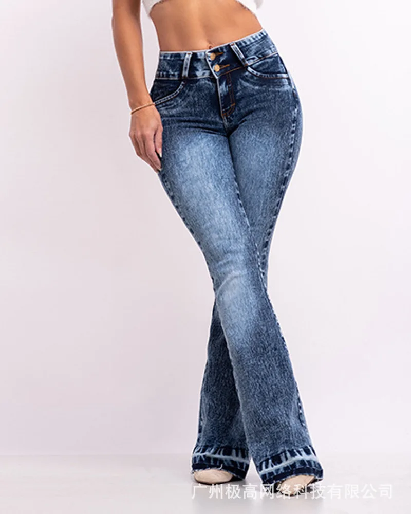 

Zip Fly Washed Flared Leg Jeans Women Spring Summer High Waist Denim Pants Casual Fashion Bleached