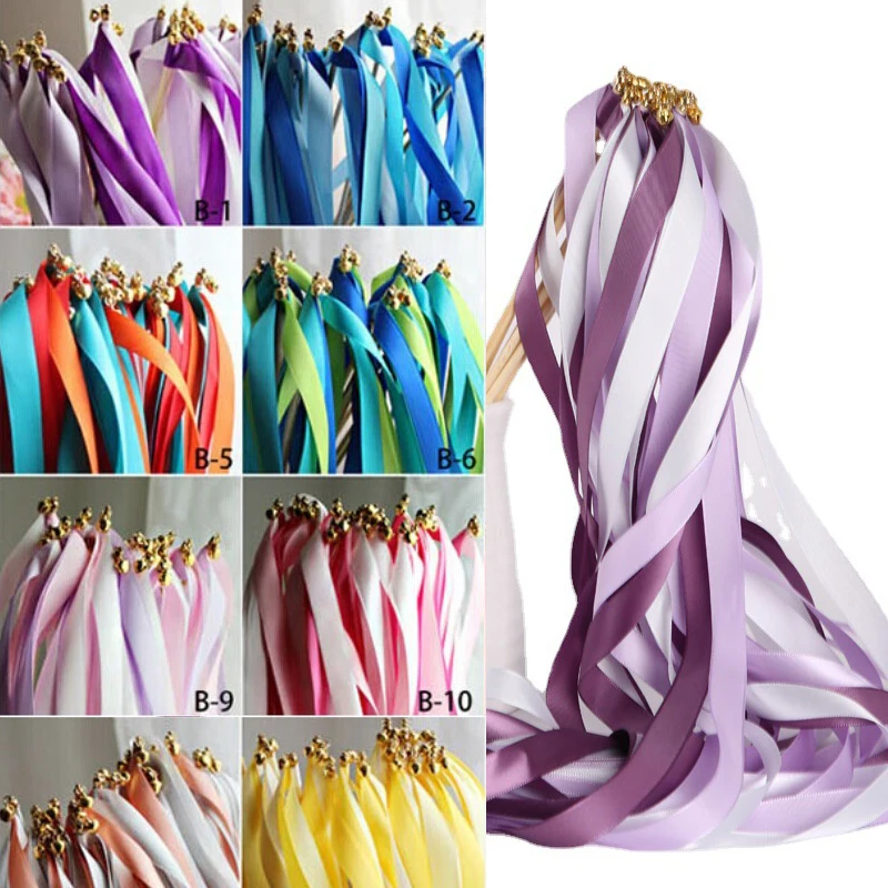 

10Pcs/Set Twirling Wands Ribbon Wedding Party Favor Sticks with Bell Bride Groom