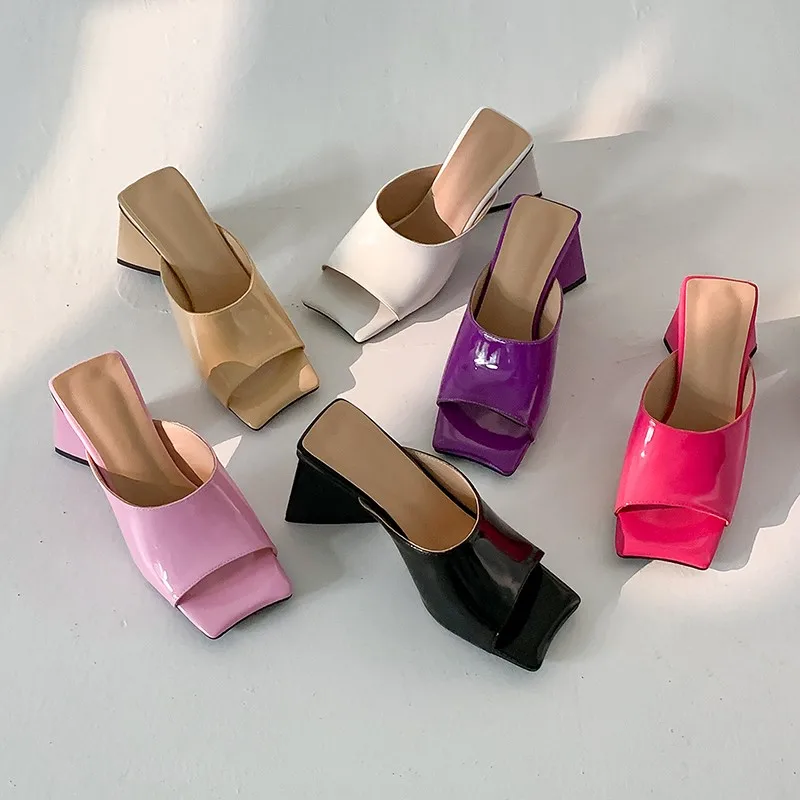 

Женские шлепанцы на необычном каблуке, уличные шлепанцы розового, белого, фиолетового цветов с квадратным носком, праздничные туфли, размер 42, лето 2022