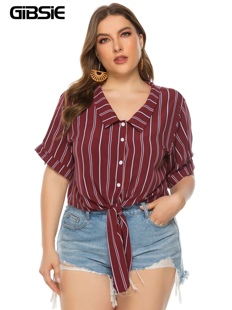 GIBSIE Plus Size Peter pan Collar Striped Tie Hem Blouse Shirt Women Summer Short Sleeve Buttons Shirts Fashion Vintage Blouse
GIBSIE Plus Size Peter pan Collar Striped Tie Hem Blouse Shirt Women Summer Short Sleeve Buttons Shirts Fashion Vintage Blouse