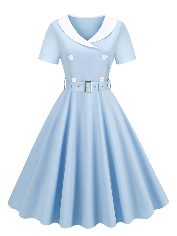 

Женское винтажное платье составного кроя, однотонное Деловое платье с поясом, отложным воротником и широкой юбкой в стиле 1920-х годов, Элеган...