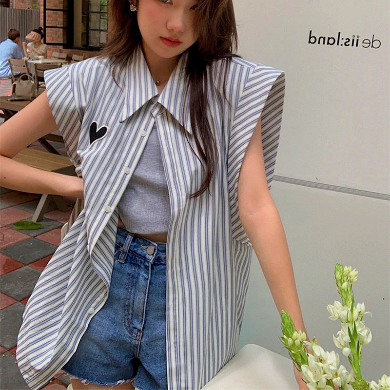 Cute Chic Love Sleeveless Striped Button Up Shirt Summer Chiffon Loose Sexy Office Ladies Tops Vintage Streetwear Korean Fashion
Cute Chic Love Sleeveless Striped Button Up Shirt Summer Chiffon Loose Sexy Office Ladies Tops Vintage Streetwear Korean Fashion