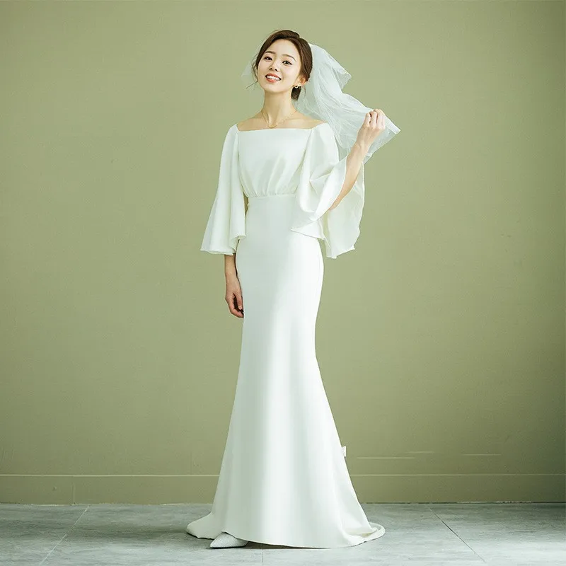 Fashion Boat Neck Fairy Satin Bride Dress Classic Three Quarter Sleeves Vintage Vestido De Noiva Brush Train Women Wedding Dress
Fashion Boat Neck Fairy Satin Bride Dress Classic Three Quarter Sleeves Vintage Vestido De Noiva Brush Train Women Wedding Dress