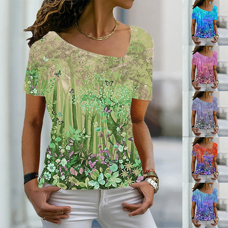 

Футболка женская базовая с V-образным вырезом, модная Базовая рубашка с абстрактным геометрическим 3d-рисунком растений, лето 2022