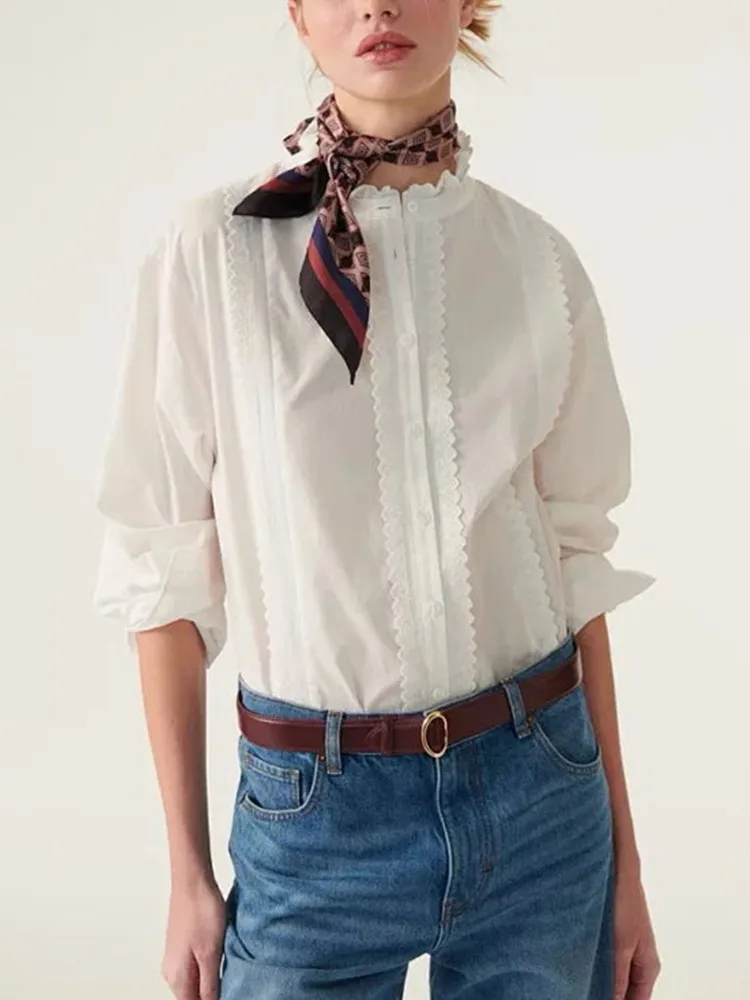 

Женская белая рубашка из 100% хлопка, топы с оборками, однобортная Повседневная универсальная блузка с круглым вырезом и длинным рукавом для ранней осени 2023