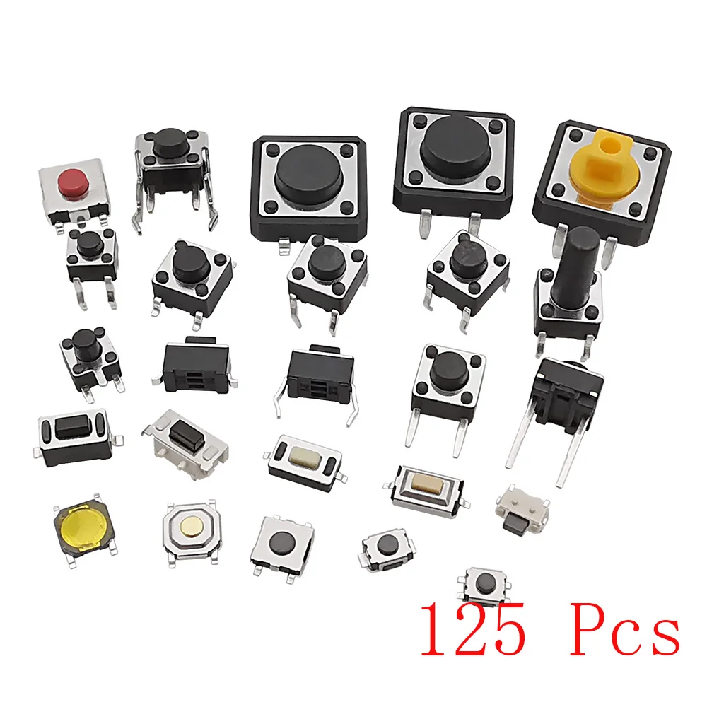 125Pcs 25 Species Micro Tactile Push Button Switch SMD DIP 2x4/3x6/4x4/6x6/12x12 Tactile Push Button Switches DIY Assortment Kit 
125Pcs 25 Species Micro Tactile Push Button Switch SMD DIP 2x4/3x6/4x4/6x6/12x12 Tactile Push Button Switches DIY Assortment Kit