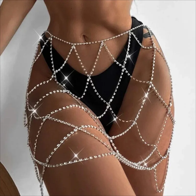 

W's Super Sparkling Full Water Diamond Spliced Short Sexy Hollow Out Waist Chain Half Skirt