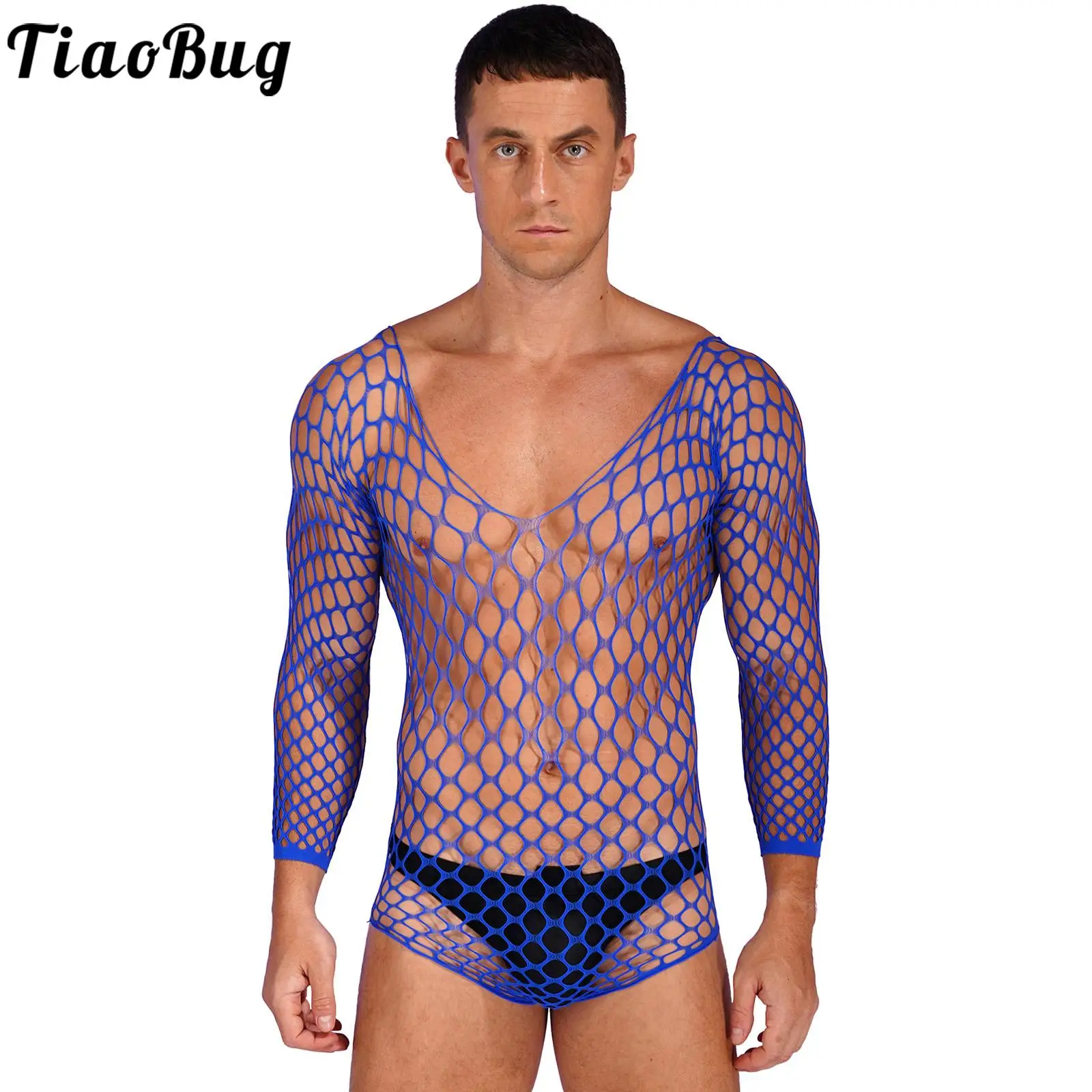 

Mens Fishnet Bodysuit Underwear Hollow Out Nightwear See-Through Mesh Body Suit Scoop Neck Long Sleeve High Cut Leotard Jumpsuit