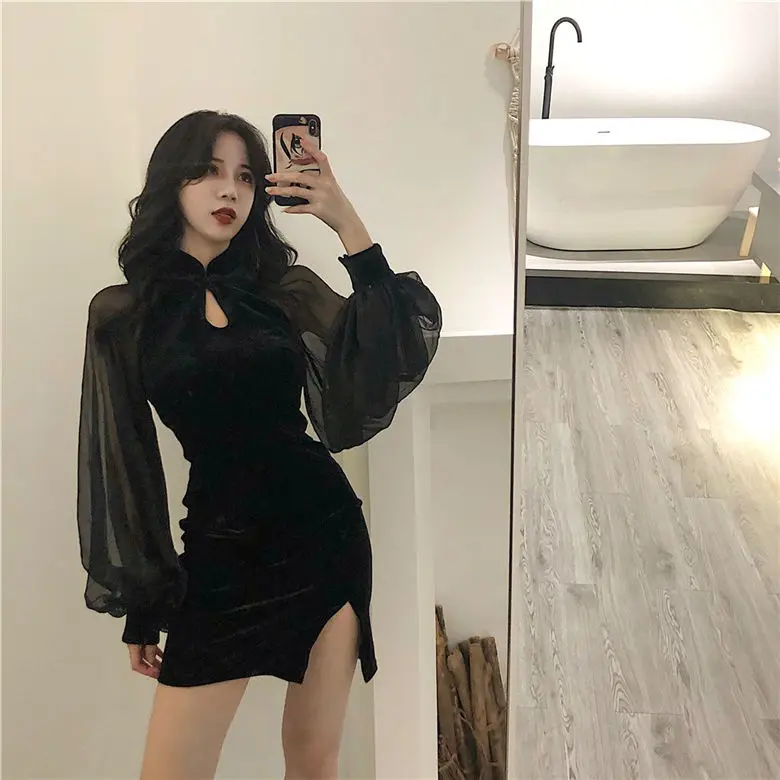 Black Slit Dress Women's Clothing Retro Patchwork Velvet Lantern Sleeve Dress Sexy Woman Dresses Vestido De Mujer Femme Robe
Black Slit Dress Women's Clothing Retro Patchwork Velvet Lantern Sleeve Dress Sexy Woman Dresses Vestido De Mujer Femme Robe