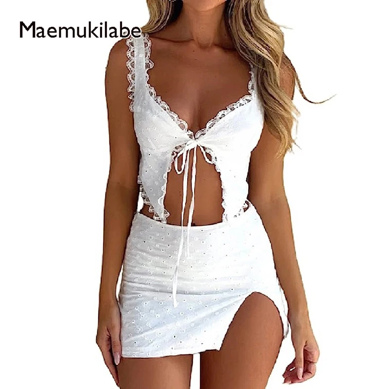 

Maemukilabe Women 2 Piece Outfits Y2K Jacquard Eyelet Lace Ruffle Tie Front Camisole + Split Mini Skirt Set Summer Streetwear