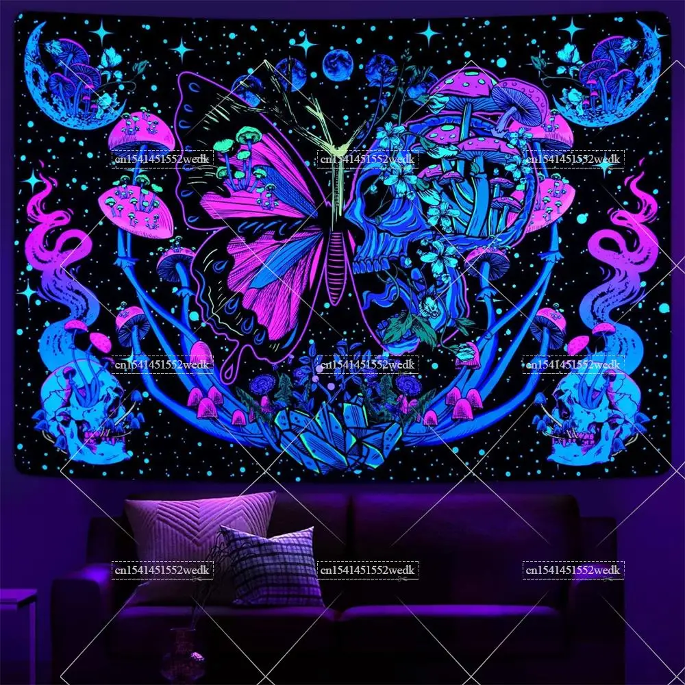 

Гриб бабочка флуоресцентный гобелен Триппи Луна скелет черный свет гобелены змея неоновые конфеты