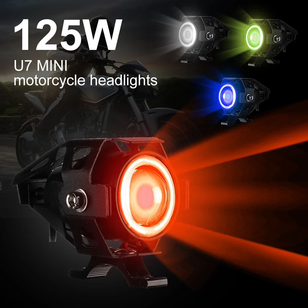 

125W LED Auxiliary Motorcycle Headlight Universal 1200LM Angel Eyes U7 Mini Motorcycle Spotlights Bicycle Lamp Accessories