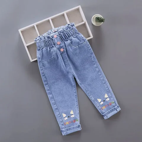 Детские джинсы для девочек в повседневном стиле с графическим принтом и эластичной резинкой на талии