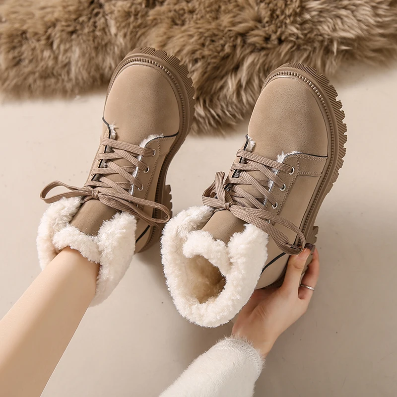 

Suede Women's Plush Flap Ankle Boots 2024 Winter New Thick-soled Round Toe Women's Lace-up Warm Short Boots Women's Botines