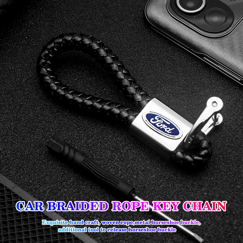 

High Quality Leather Black Rope Braided Custom Metal Rope Keychain Accessories For Ford Focus Mk3 MK4 Party F150 Ranger Mondeo